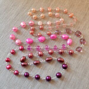 Long Pink and Plum Gemstone and Pearl Necklace in Silver